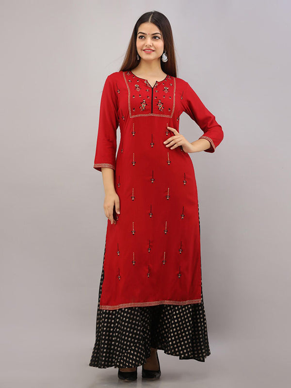 Red Cotton Embroidered Kurta With Palazzo Set