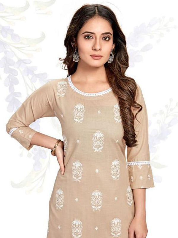 Beige Embroidered Cotton Kurta With Pant Set