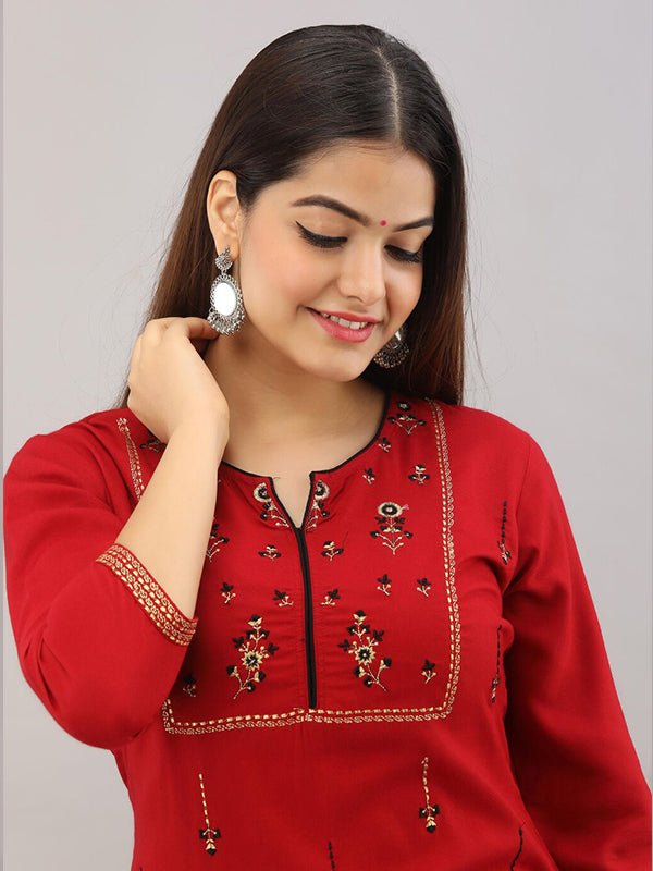 Red Cotton Embroidered Kurta With Palazzo Set