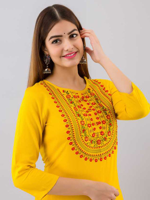 Yellow Cotton Embroidered Straight Kurti