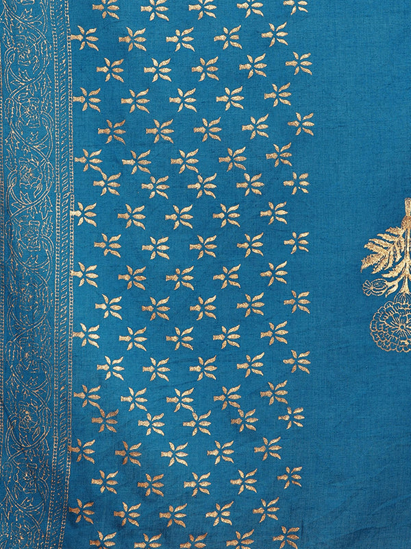 Blue Cotton Golden Printed Kurti With Pant & Dupatta