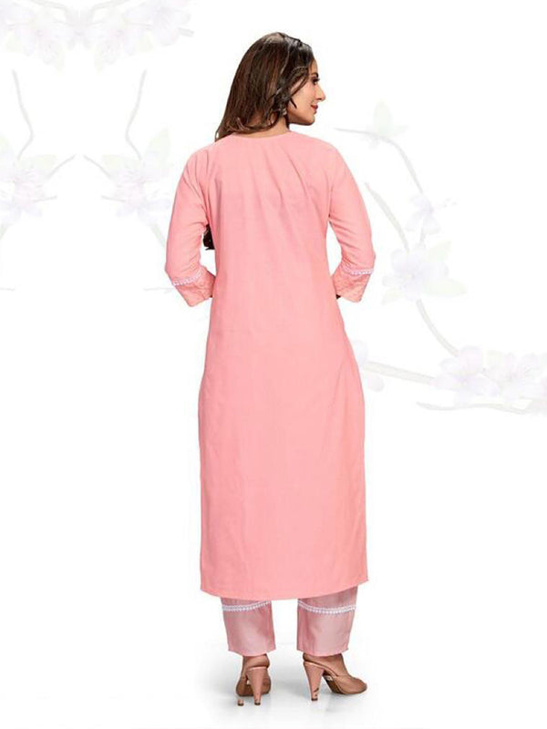 Light Pink Embroidered Cotton Kurta With Pant Set
