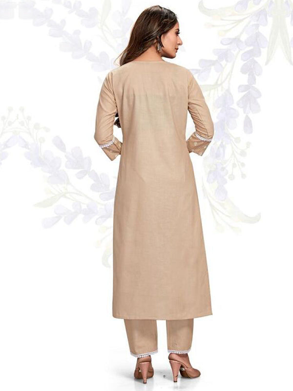Beige Embroidered Cotton Kurta With Pant Set